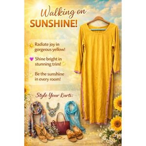 WALKING ON SUNSHINE Embellished Kurti Tunic Boho Ethnic Trim Long Sleeve  S/M